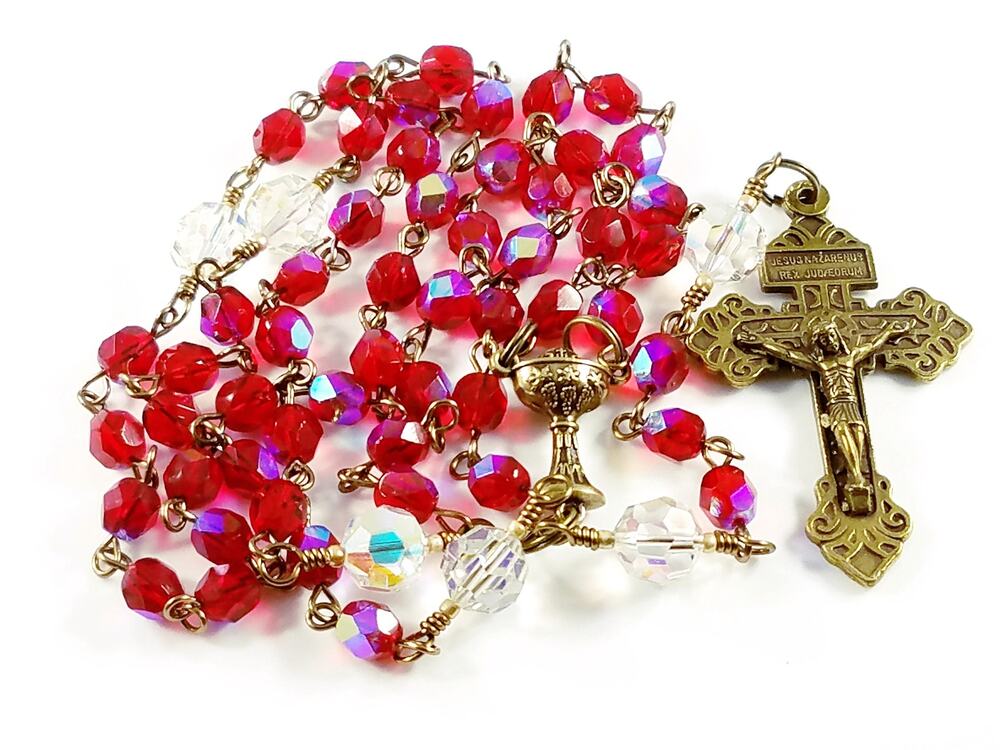 Heirloom Red Crystal Rosary Swarovski AB Pardon Crucifix Handmade 24"